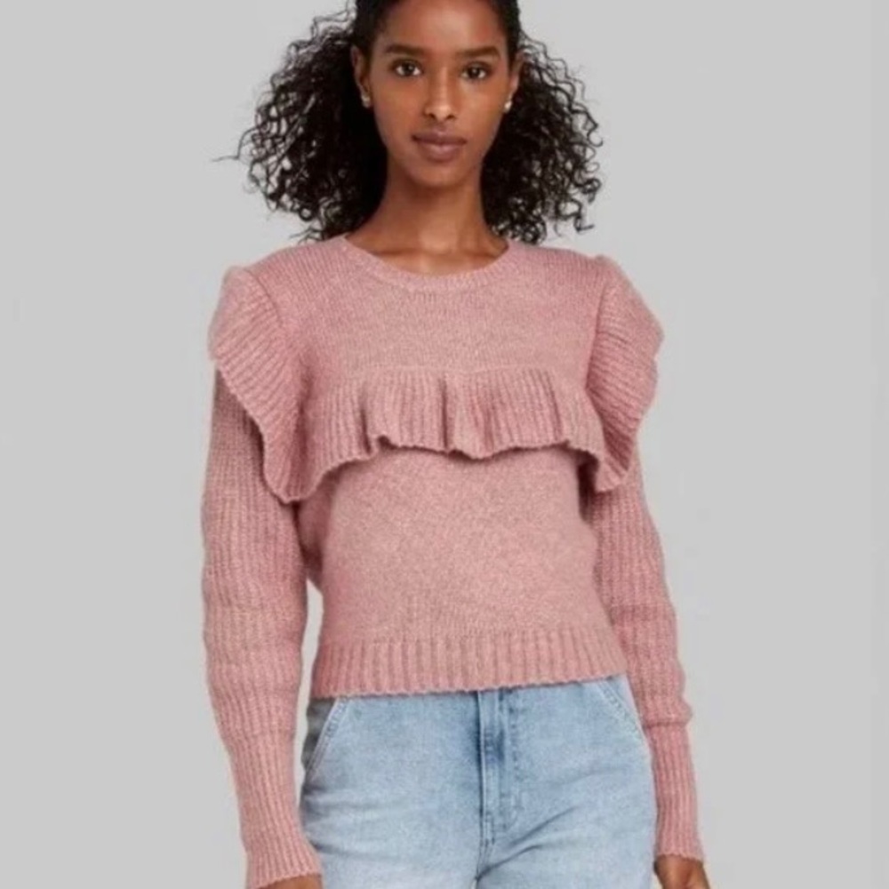 Wild Fable mauve pink ruffle pullover sweater cropped stretchy Medium